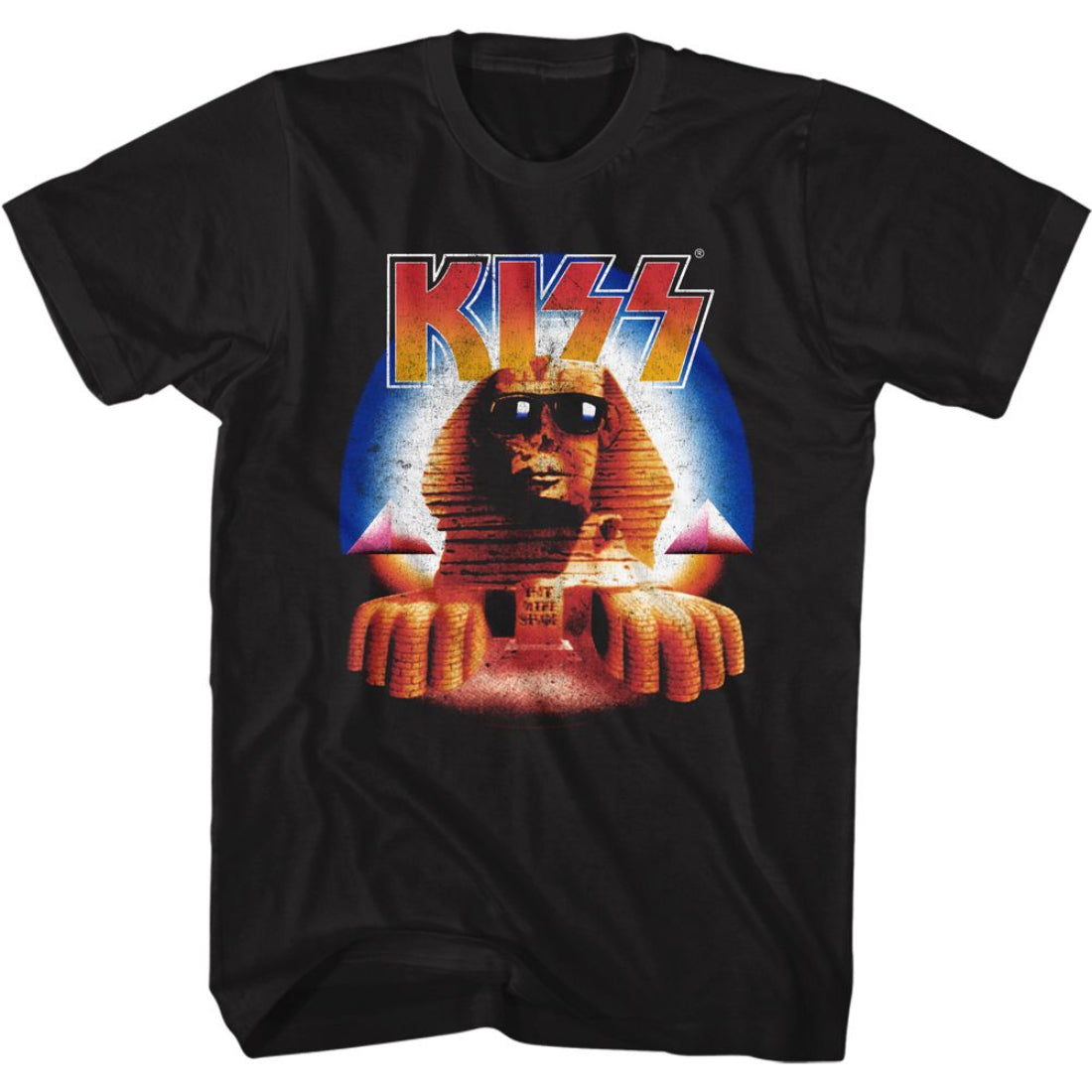 Black t-shirt with a Sphinx graphic and 'KISS' logo on a white background