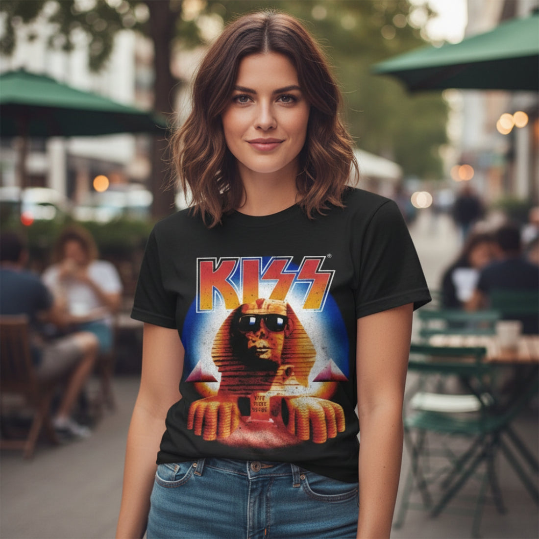 WOMAN WEARING KISS HOT IN THE SHADE TEE  KISS510S, KISS510M, KISS510L, KISS510XL, KISS510XXL, KISS510XXXL, KISS510XXXXL, KISS510XXXXXL