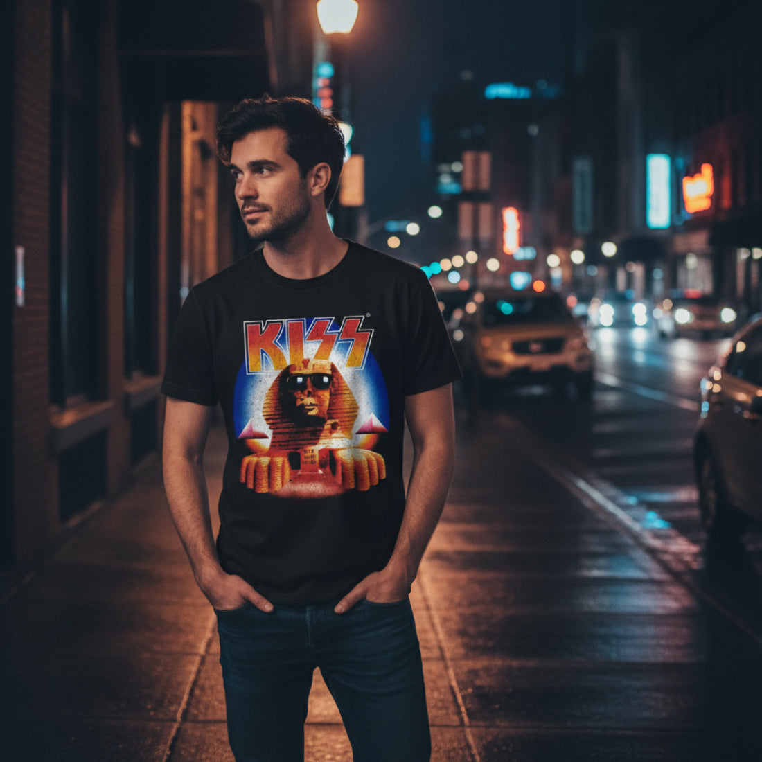 MAN WEARING Black t-shirt with a Sphinx and KISS logo design  KISS510S, KISS510M, KISS510L, KISS510XL, KISS510XXL, KISS510XXXL, KISS510XXXXL, KISS510XXXXXL