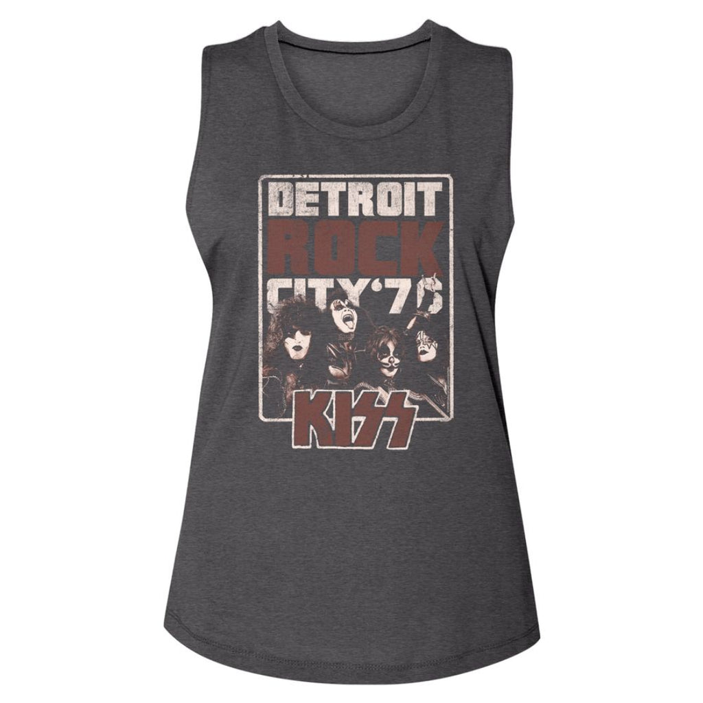 Gray womens tank top with 'Detroit Rock City '75' Kiss design on a white background