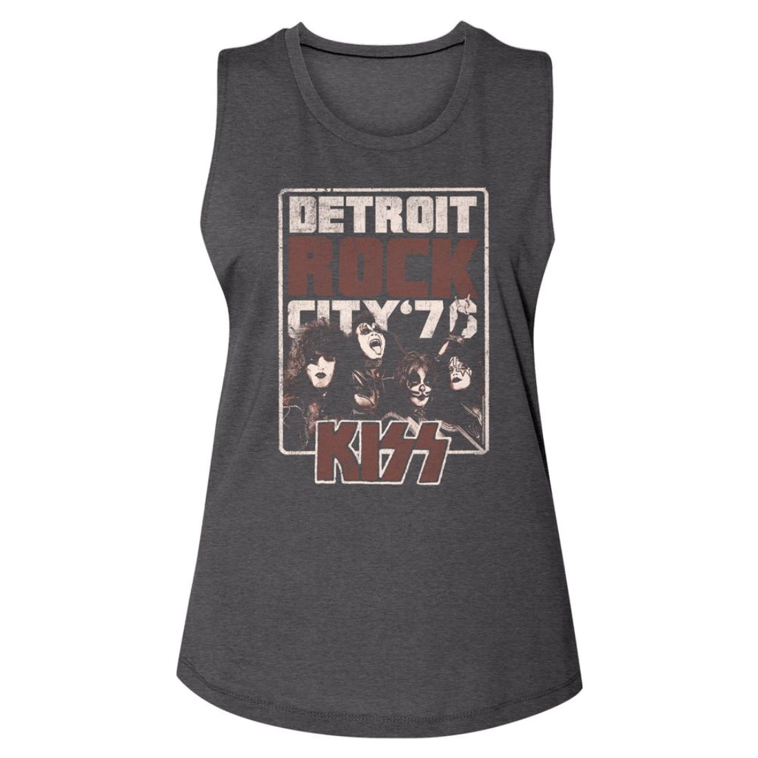 Gray womens tank top with 'Detroit Rock City '75' Kiss design on a white background