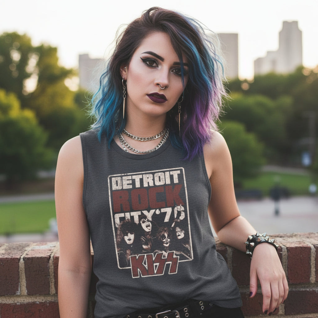 WOMAN WEARING Gray tank top with 'Detroit Rock City '75' KISS design KISS511-329S, KISS511-329M, KISS511-329L, KISS511-329XL, KISS511-329XXL