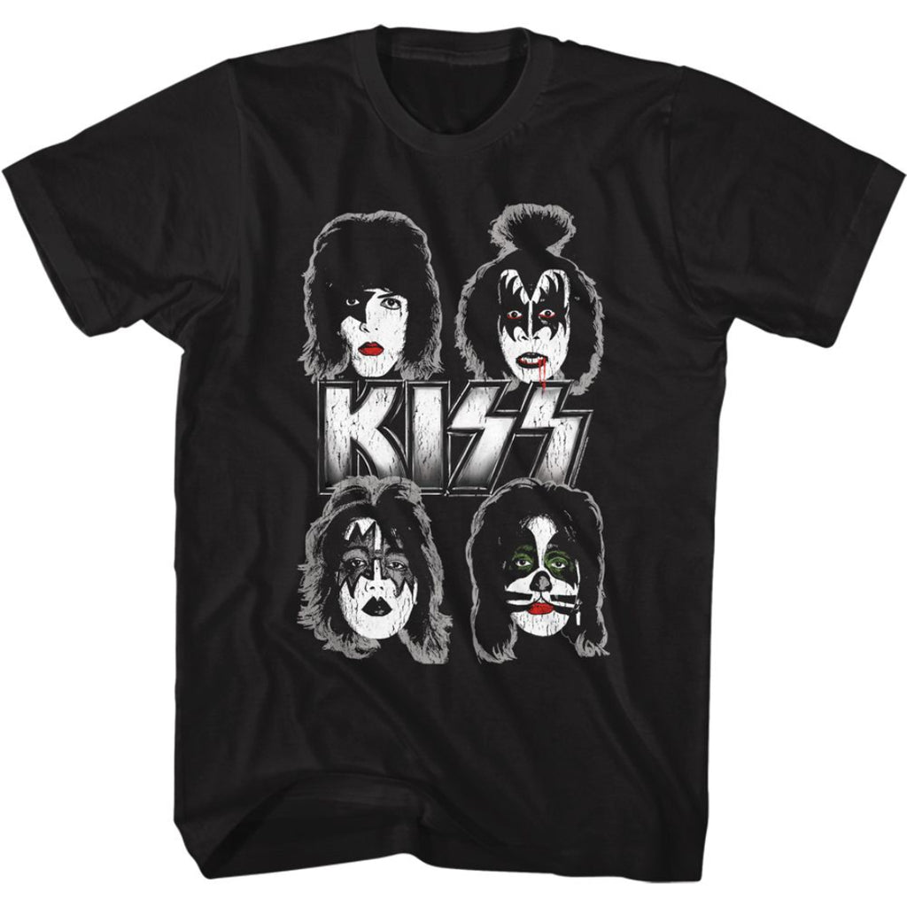 Black t-shirt with Kiss band members' faces and logo on a white background