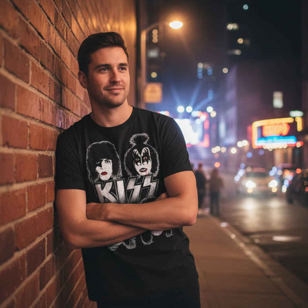 MAN WEARING Black t-shirt with KISS band members' faces and logoKISS512S, KISS512M, KISS512L, KISS512XL, KISS512XXL, KISS512XXXL, KISS512XXXXL, KISS512XXXXXL