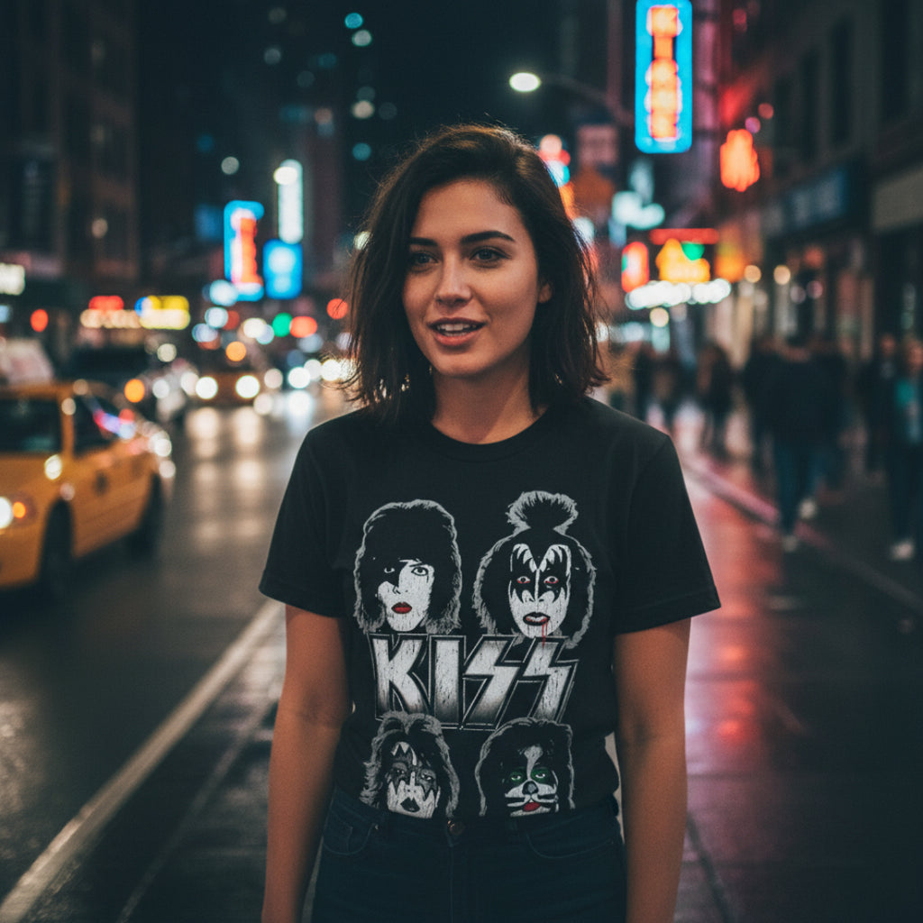 WOMAN WEARING Black t-shirt with KISS band members' faces and logo KISS512S, KISS512M, KISS512L, KISS512XL, KISS512XXL, KISS512XXXL, KISS512XXXXL, KISS512XXXXXL