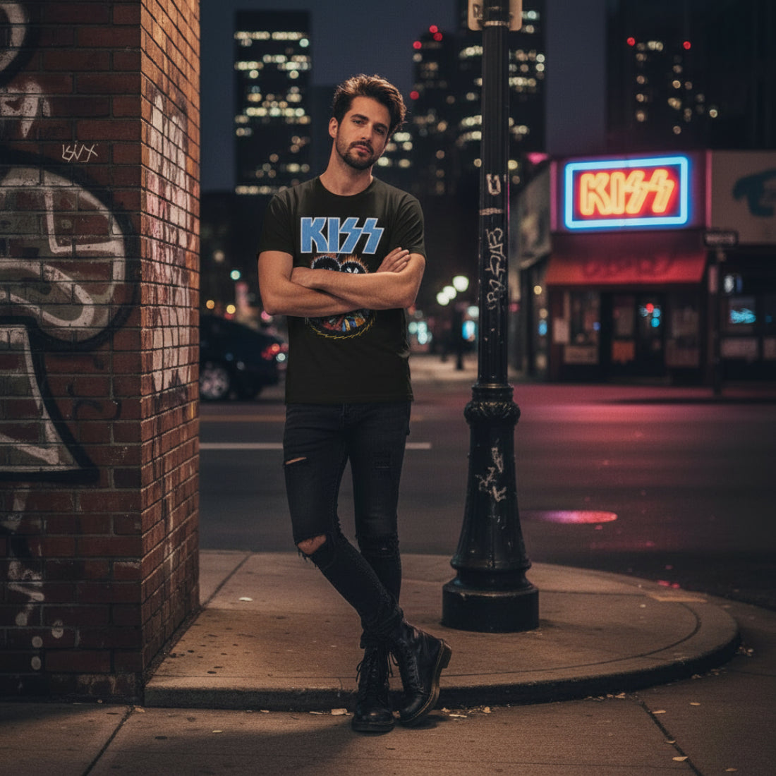 MAN WEARING KISS SKULL CIRCLE TEE KISS515S, KISS515M, KISS515L, KISS515XL, KISS515XXL, KISS515XXXL, KISS515XXXXL, KISS515XXXXXL