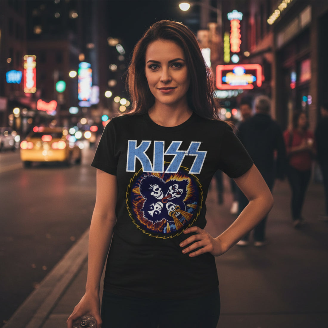 WOMAN WEARING KISS ROCK N ROLL OVER TEE KISS515S, KISS515M, KISS515L, KISS515XL, KISS515XXL, KISS515XXXL, KISS515XXXXL, KISS515XXXXXL