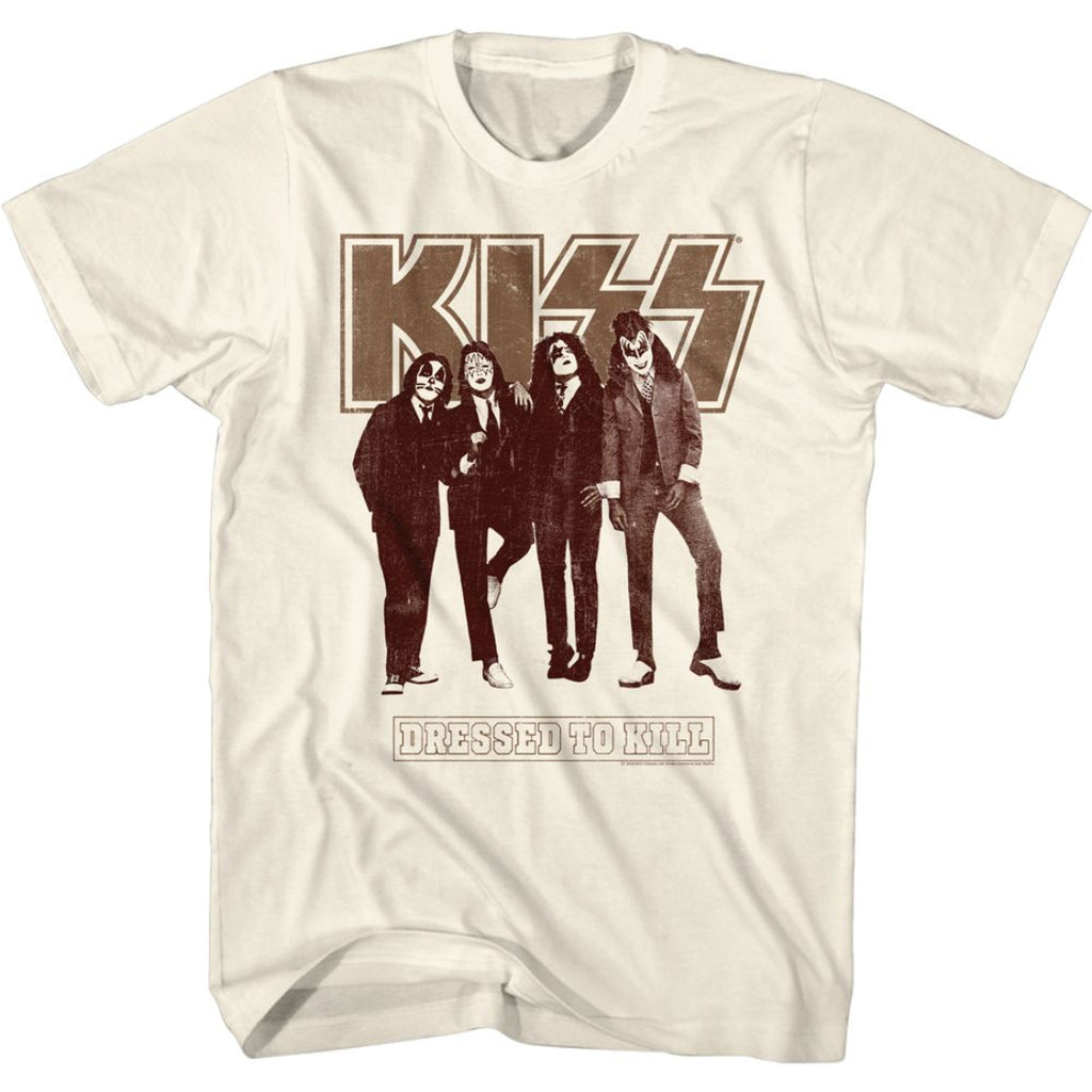 White t-shirt with KISS graphic featuring four band members and 'Dressed to Kill' text on a white background.