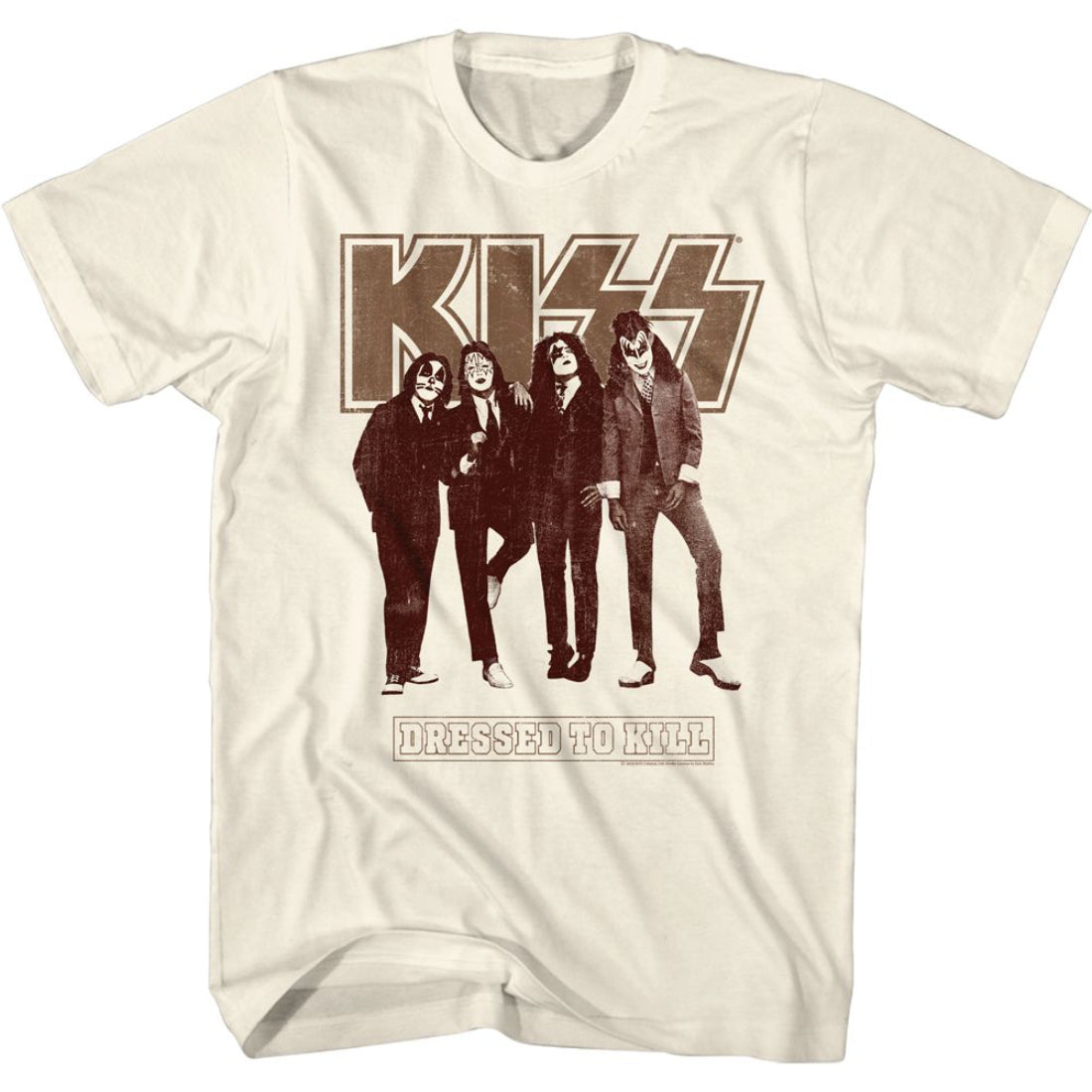White t-shirt with KISS graphic featuring four band members and 'Dressed to Kill' text on a white background.