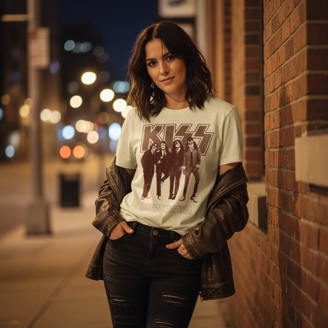 WOMAN WEARING White t-shirt with KISS graphic featuring four band members and 'Dressed to Kill' text KISS517S, KISS517M, KISS517L, KISS517XL, KISS517XXL, KISS517XXXL, KISS517XXXXL