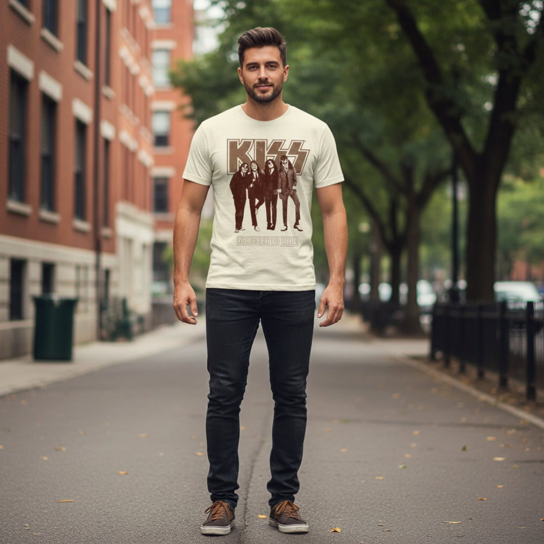 MAN WEARING KISS DRESSED TO KILL TEE KISS517S, KISS517M, KISS517L, KISS517XL, KISS517XXL, KISS517XXXL, KISS517XXXXL