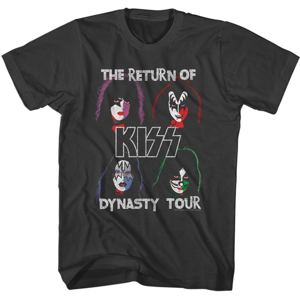 Black t-shirt with Kiss band members' faces and 'The Return of Kiss Dynasty Tour' text on a white background