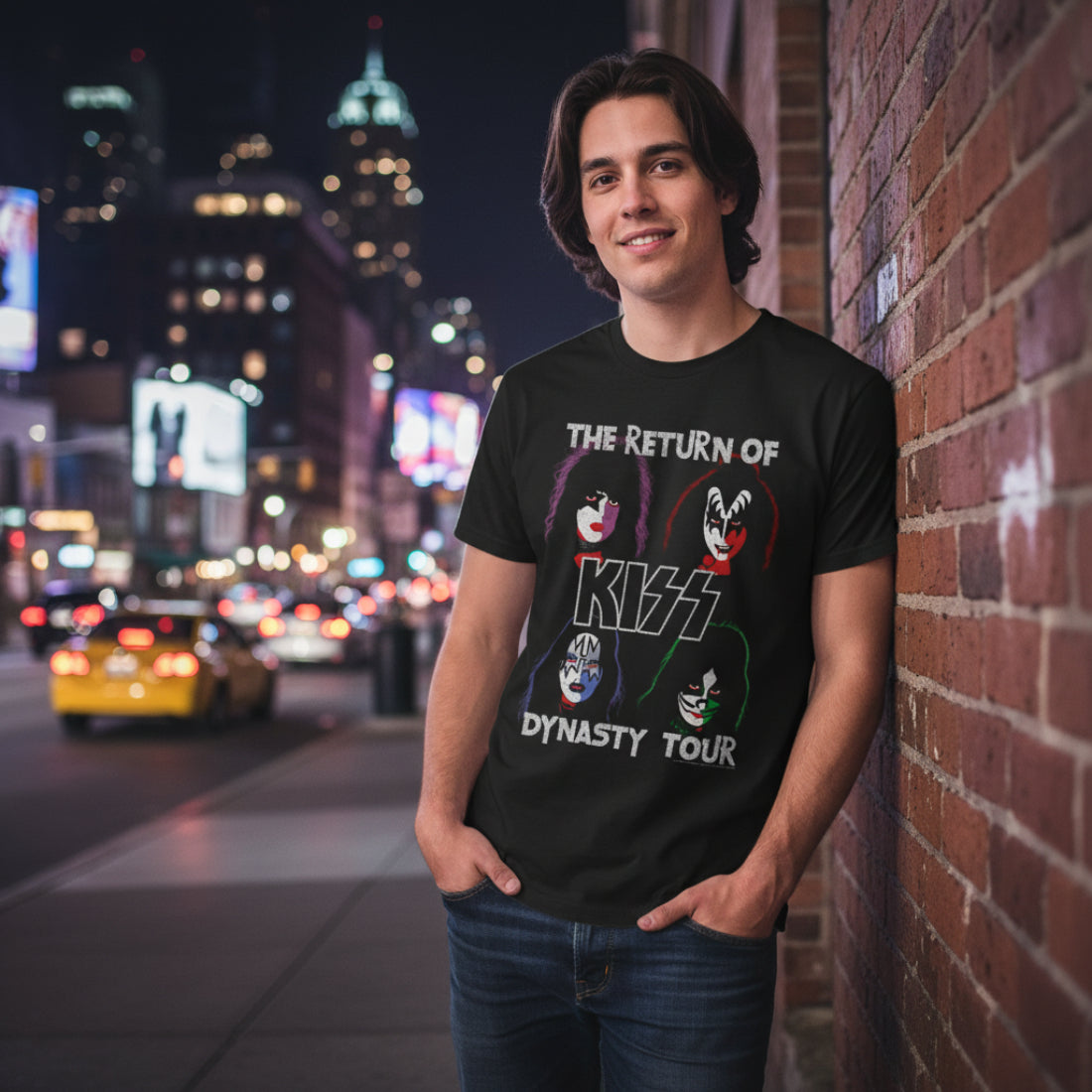 MAN WEARING Black t-shirt with Kiss band members' faces and 'The Return of Kiss Dynasty Tour' text KISS553S, KISS553M, KISS553L, KISS553XL, KISS553XXL