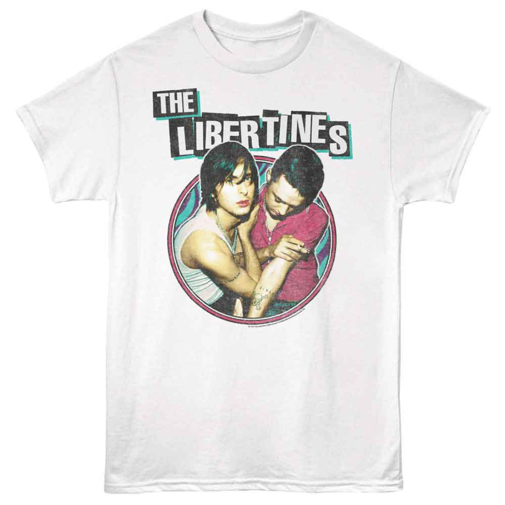 White t-shirt with 'The Libertines' graphic design on a white background
