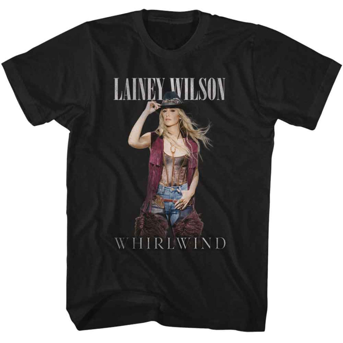 Black t-shirt with a graphic of a person wearing a cowboy hat and text 'Lainey Wilson Whirlwind' on a white background.