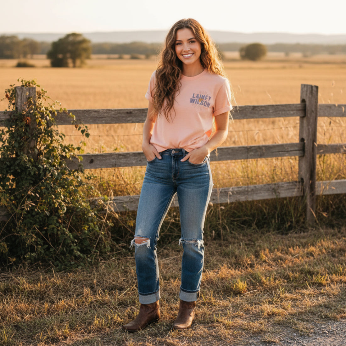 WOMAN WEARING Pink t-shirt with 'Lainey Wilson' branding LWN525S, LWN525M, LWN525L, LWN525XL, LWN525XXL, LWN525XXXL