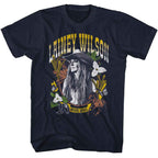 Navy blue t-shirt with graphic design featuring Lainey Wilson, flowers, and text on a white background