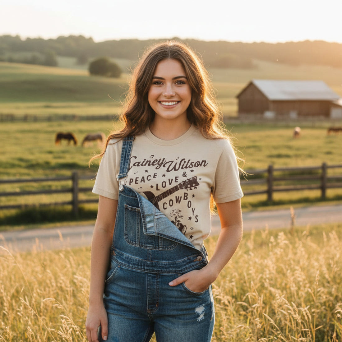 Girl wearing Lainey Wilson Peace Love Cowboys shirt LWN532S, LWN532M, LWN532L, LWN532XL, LWN532XXL