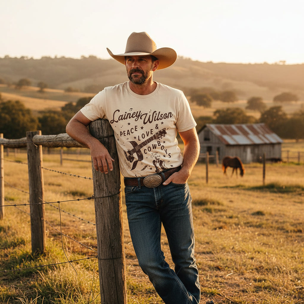 COWBOY WEARING LAINEY WILSON PEACE LOVE AND COWBOYS SHIRT LWN532S, LWN532M, LWN532L, LWN532XL, LWN532XXL