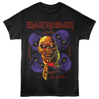Black t-shirt with Iron Maiden logo and character design on a white background