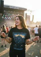 WOMAN WEARING Black t-shirt with Iron Maiden 'Powerslave' design MADN544S, MADN544M, MADN544L, MADN544XL, MADN544XXL, MADN544XXXL, MADN544XXXXL, MADN544XXXXXL