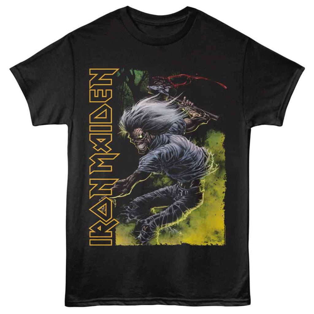 Black t-shirt with Iron Maiden graphic design featuring a skeleton and text.
