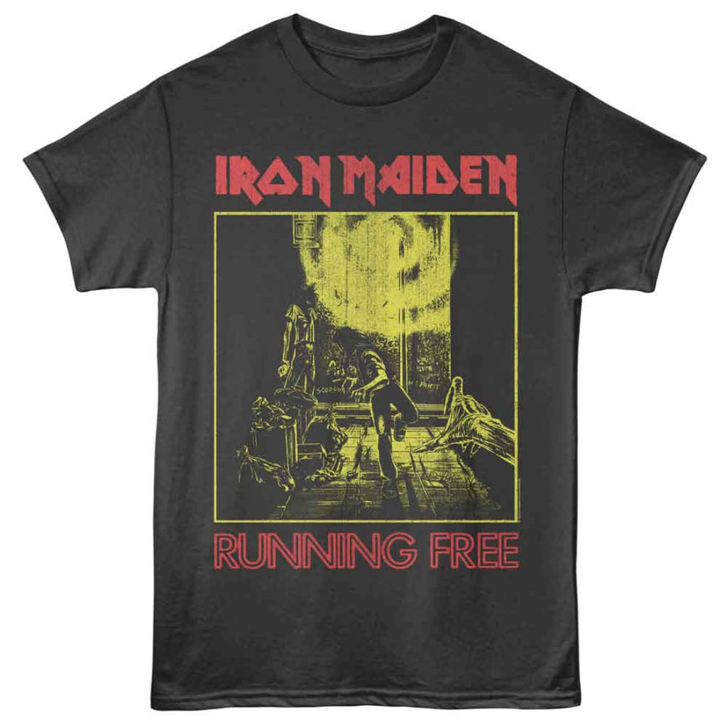 Black t-shirt with Iron Maiden graphic and 'Running Free' text on a white background