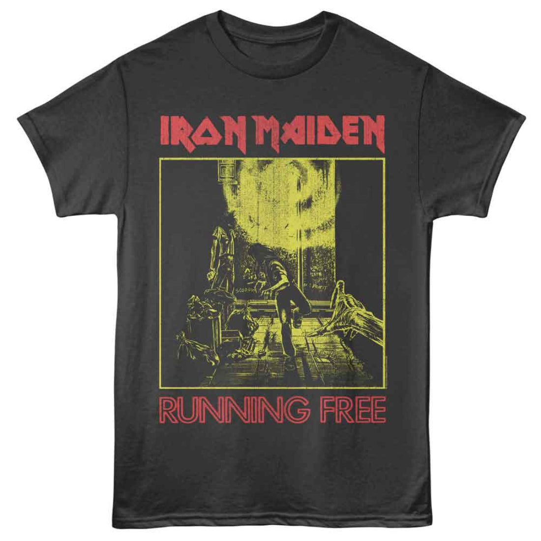 Black t-shirt with Iron Maiden graphic and 'Running Free' text on a white background
