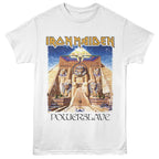 White t-shirt with Iron Maiden 'PowerSlave' album cover design on a white background