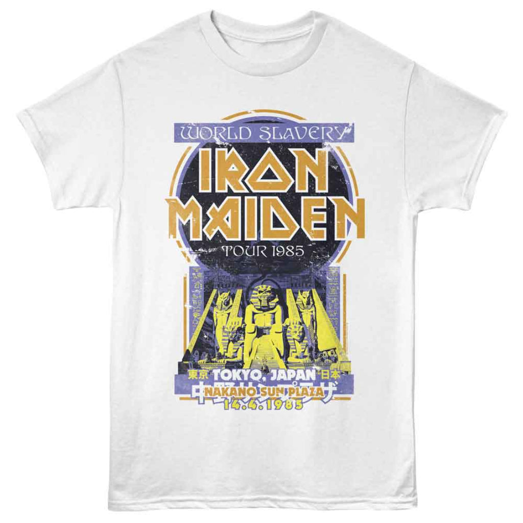 White t-shirt with Iron Maiden graphic design on a white background
