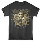 Black Iron Maiden Powerslave t-shirt with Iron Maiden graphic design featuring a pharaoh and hourglass on a white background