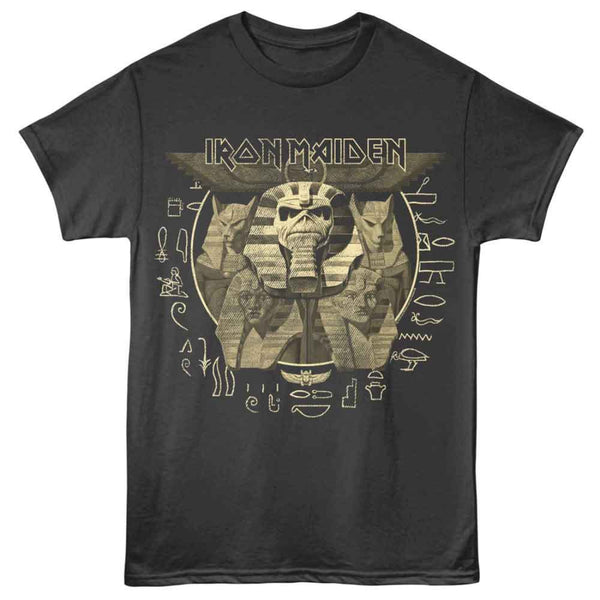 Black Iron Maiden Powerslave t-shirt with Iron Maiden graphic design featuring a pharaoh and hourglass on a white background