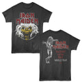 Black Iron Maiden t-shirt with front and back designs on a white background