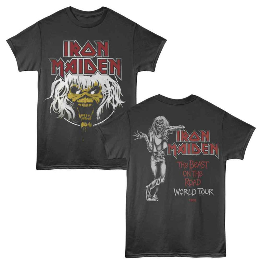 Black Iron Maiden t-shirt with front and back designs on a white background