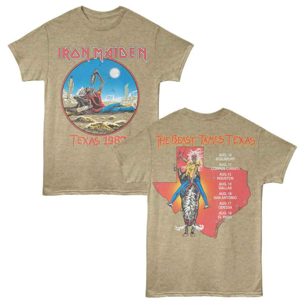 Iron Maiden t-shirt with graphic design and text on a beige background