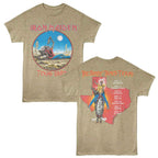 Iron Maiden t-shirt with graphic design and text on a beige background
