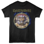 Black t-shirt with Iron Maiden logo featuring a pharaoh design on a white background