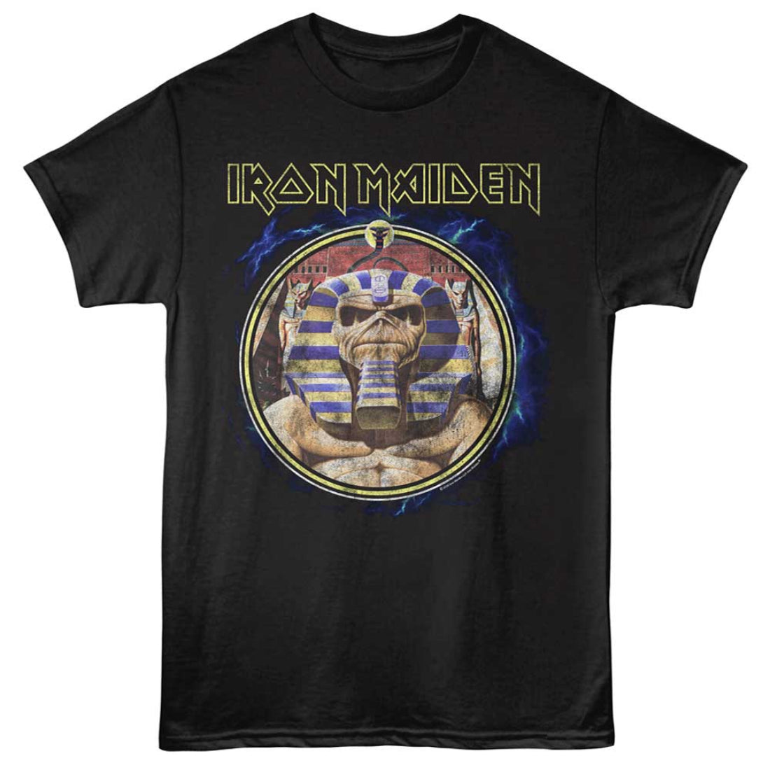 Black t-shirt with Iron Maiden logo featuring a pharaoh design on a white background
