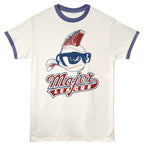 White t-shirt with blue ringer sleeves and 'Major League' graphic design on a white background