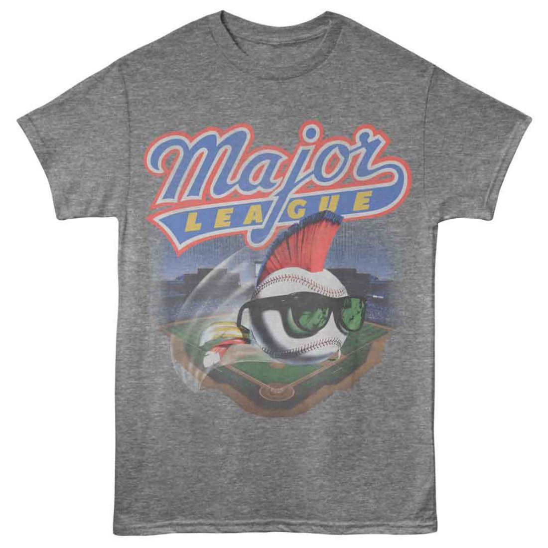 Gray t-shirt with 'Major League' graphic design featuring a baseball and sunglasses on a field.
