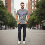 Man wearing Gray t-shirt with 'Major League' graphic design featuring a baseball and sunglasses on a field. MAJ513S, MAJ513M, MAJ513L, MAJ513XL, MAJ513XXL, MAJ513XXXL, MAJ513XXXXL, MAJ513XXXXXL