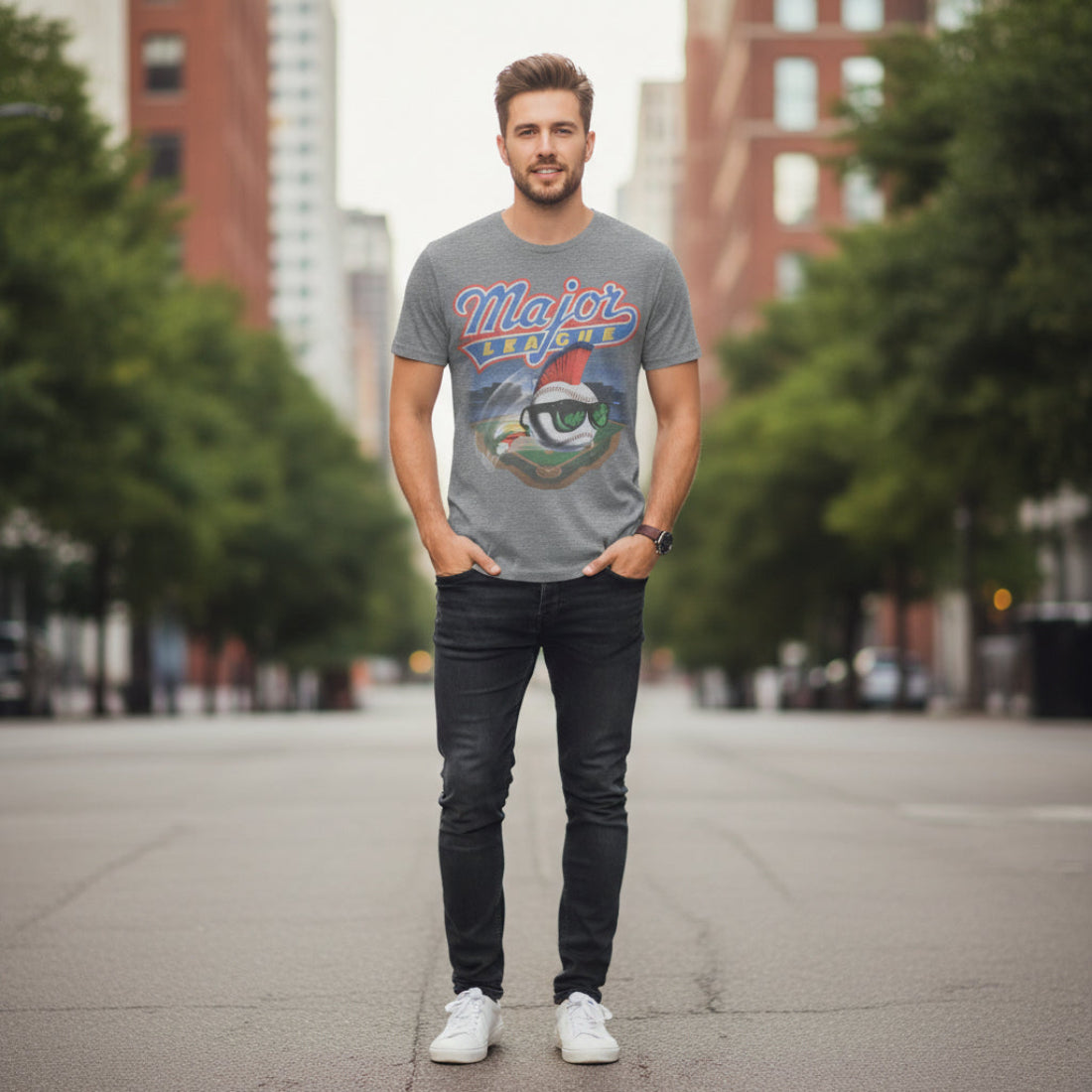 Man wearing Gray t-shirt with 'Major League' graphic design featuring a baseball and sunglasses on a field. MAJ513S, MAJ513M, MAJ513L, MAJ513XL, MAJ513XXL, MAJ513XXXL, MAJ513XXXXL, MAJ513XXXXXL