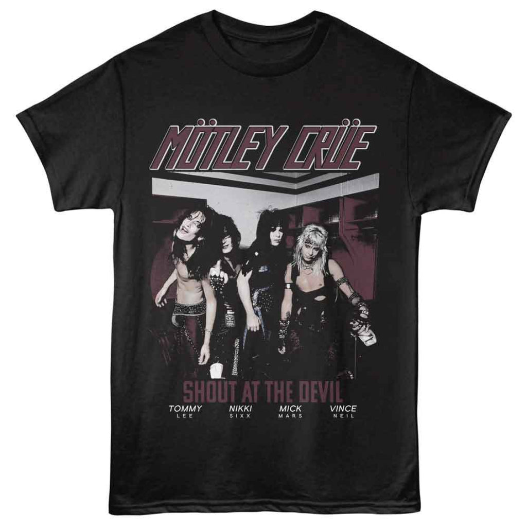 Black t-shirt with band graphic and text 'Mötley Crüe Shout at the Devil' on a white background