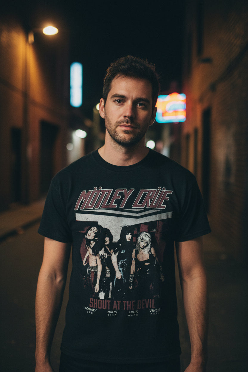 MAN WEARING MOTLEY CRUE TEE MCRU589S, MCRU589M, MCRU589L, MCRU589XL, MCRU589XXL, MCRU589XXXL, MCRU589XXXXL, MCRU589XXXXXL