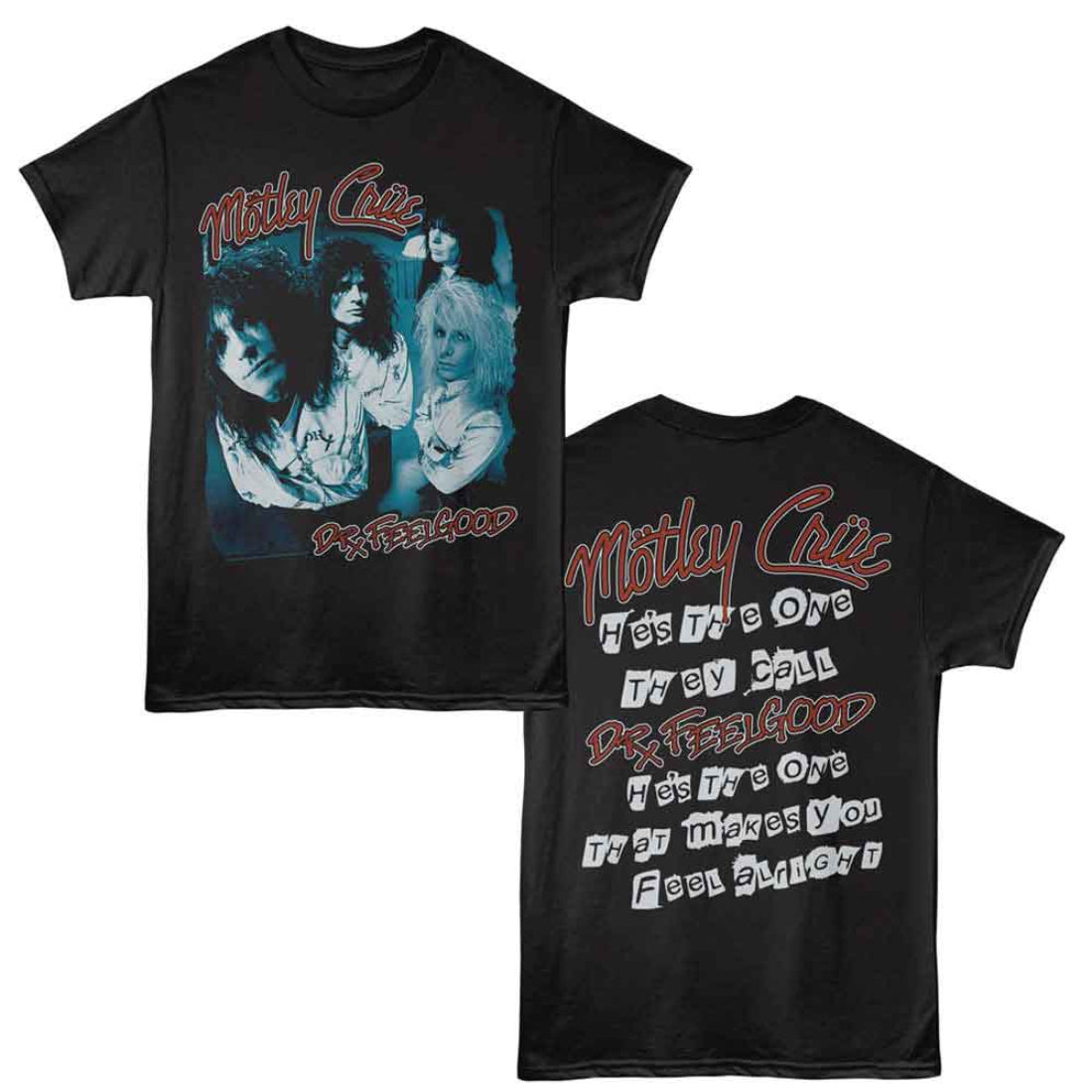 Black t-shirt with Motley Crue graphic and text on a white background