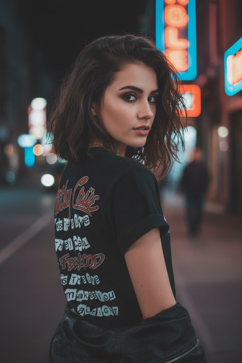 woman wearing motley crue dr feelgood tee MCRU590S, MCRU590M, MCRU590L, MCRU590XL, MCRU590XXL, MCRU590XXXL, MCRU590XXXXL, MCRU590XXXXXL