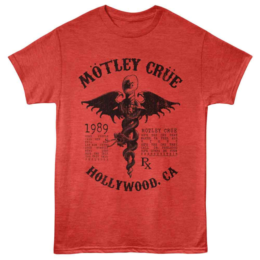 Red t-shirt with Motley Crue logo and text on a white background