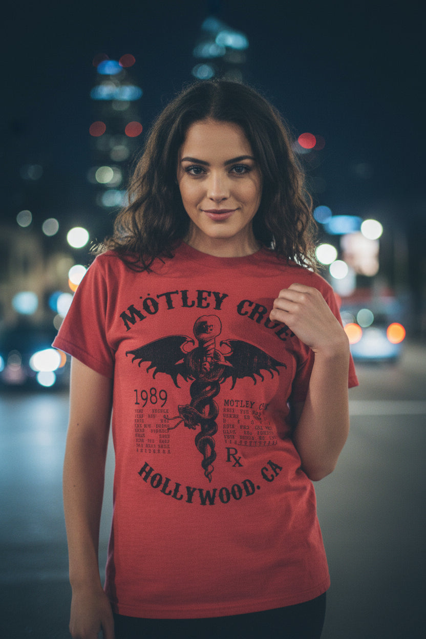 WOMAN WEARING MOTLEY CRUE TEE  MCRU593S, MCRU593M, MCRU593L, MCRU593XL, MCRU593XXL, MCRU593XXXL, MCRU593XXXXL, MCRU593XXXXXL
