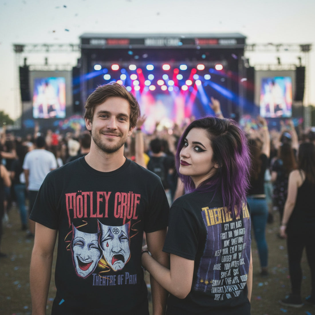 man and woman wearing Black t-shirt with Mötley Crüe 'Theatre of Pain' design MCRU594S, MCRU594M, MCRU594L, MCRU594XL, MCRU594XXL