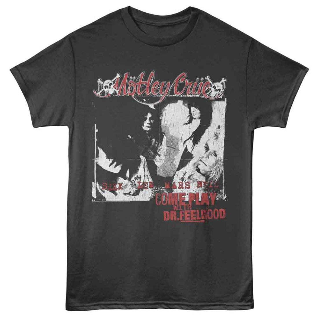 Black t-shirt with Mötley Crüe graphic design on a white background